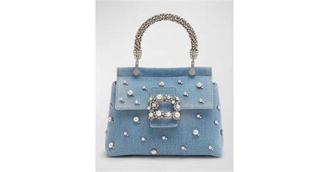 Roger Vivier Viv Flower Pearly Jewel Denim Top Handle Bag In Blue Lyst