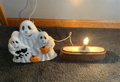 Vintage Halloween Ceramic Light Lamp 3 Ghosts With Jack O Lanterns