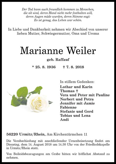 Traueranzeigen Von Marianne Weiler Rz Trauer De