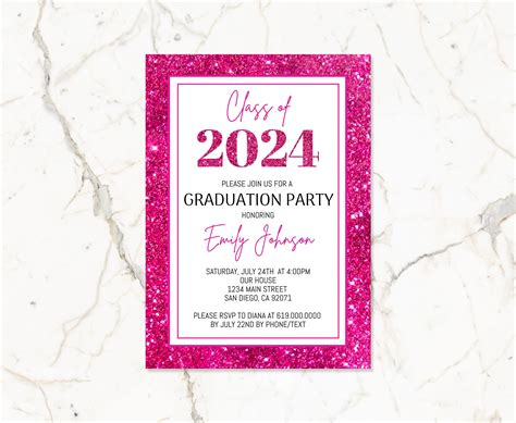 Hot Pink Glitter Graduation Invitation Template Minimalist Pink Graduation Party Invitation