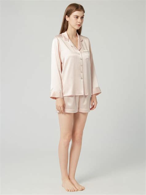 19 Momme Classic Long Sleeve Silk Pajama Shorts Set Silk Nightgown