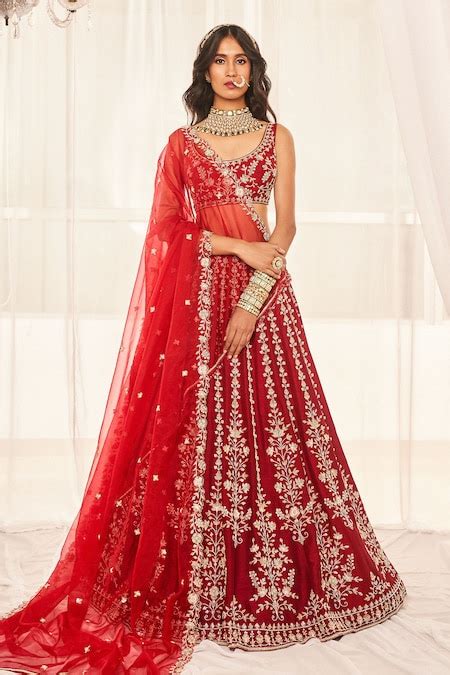 Buy Red Dupion Silk Embroidered Zardosi Scoop Neck Aari Bridal Lehenga