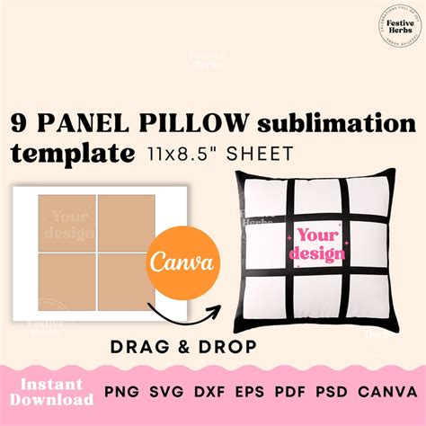 Pillow Sublimation Template, 9 Panel Pillow Sublimation SVG PNG Canva ...