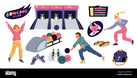 Bowling Club Elements Cartoon Players Happy Bowlers Alleys And