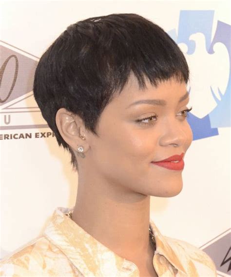 Rihanna Casual Dark Brunette Pixie Haircut With Layered Bangs In 2024