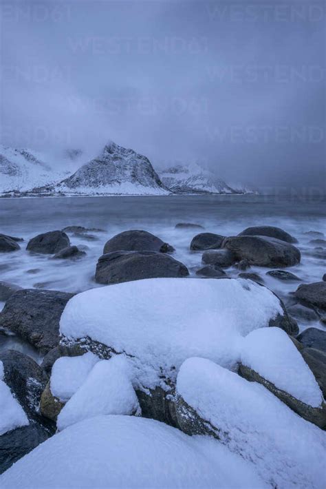 Norway Troms Og Finnmark Snow Covered Boulders At Tungenest