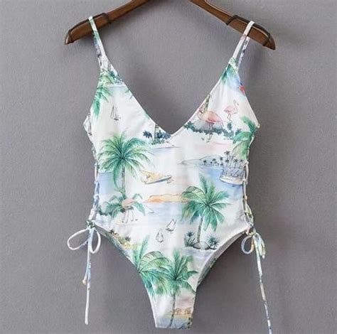 Sexy Green Leaf Print Backless One Piece Bikini Show Thin Side Knot On Luulla