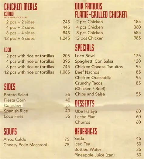 El Pollo Loco Menu Menu For El Pollo Loco Mall Of Asia Complex Moa