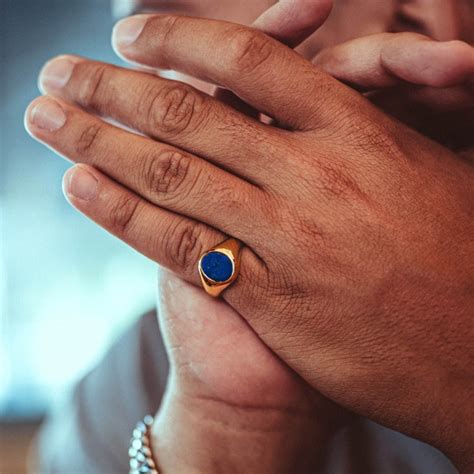 18K Gold Signet Ring Men Lapis Lazuli Mens Pinky Ring Gemstone Signet