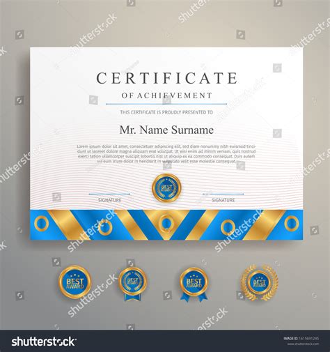 Blue And Gold Certificate Template With Badge Royalty Free Stock Vector 1615691245