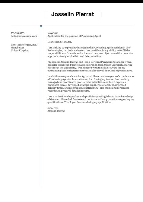 Purchasing Agent Cover Letter Example Kickresume