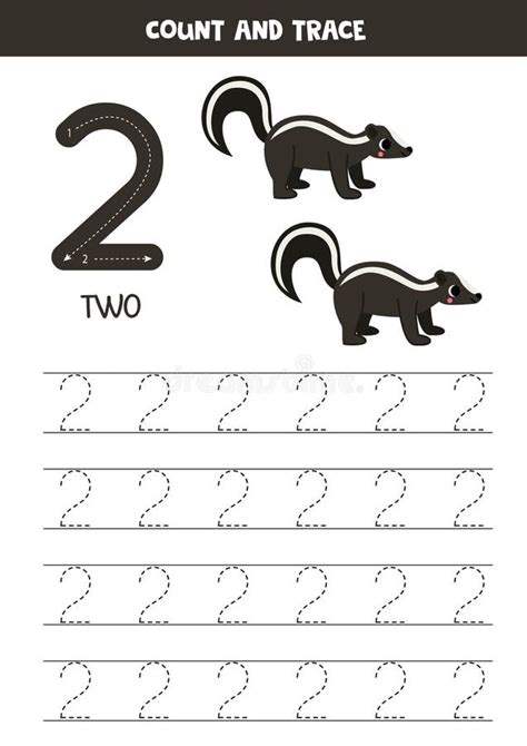 Trace Numbers Number Two Cute Cartoon Skunks Stock Vector