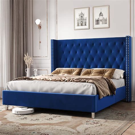 Papajet King Bed Frame Upholstered Bed Velvet Low Profile Platform Bed With Raised