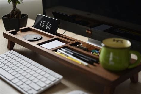 Black Walnut Wood Desk Organizer With Wireless Charger, Personalized ...