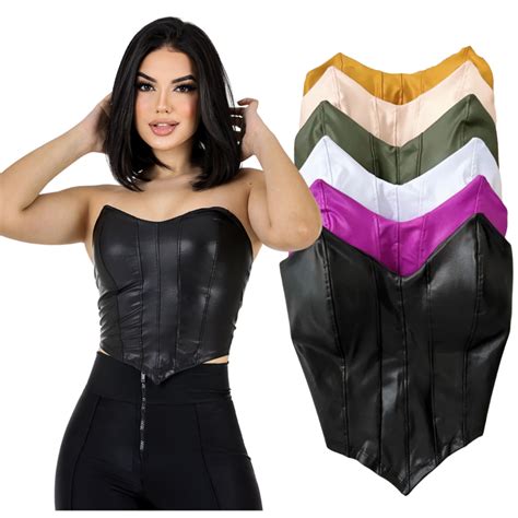 Cropped Feminino Morcego Preto Corset Couro Fake Corselet Courino Top