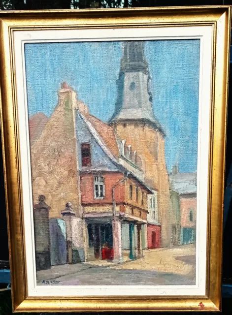 TABLEAU ANCIEN HUILE Sur Toile Rue De L Horloge Vieux Dinan Ecole