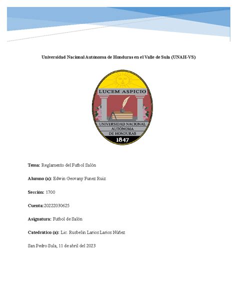 Reglamento futbol Sala - Universidad Nacional Autónoma de Honduras en