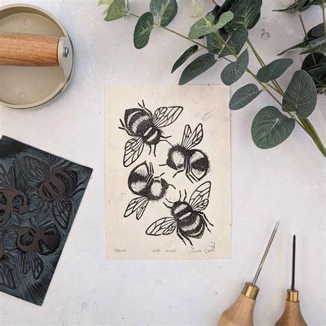 Bee Linocut Print Bumblebee Print Limited Edition Original Etsy Uk