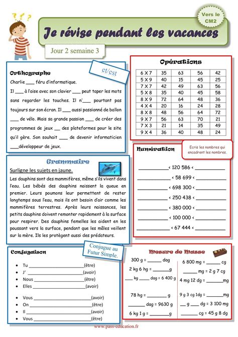 Cahier de vacances gratuit à imprimer CM1 vers le CM2 Juillet