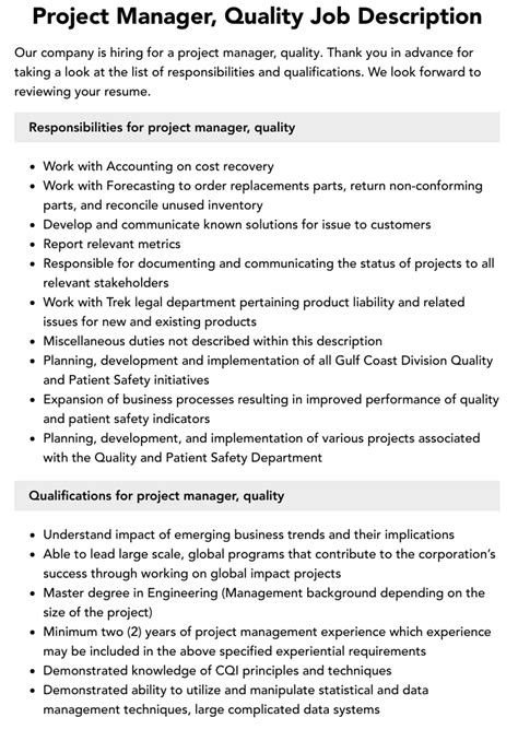 Project Manager Quality Job Description Velvet Jobs