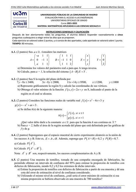 EVAU Matemáticas Madrid Exámenes y Soluciones 2024