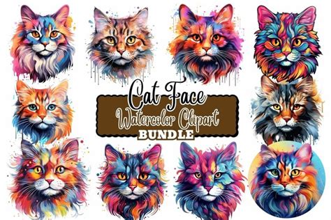 Watercolor Cat Face Clipart Bundle