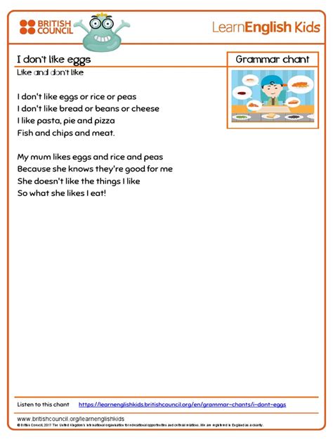 Grammar Chants I Dont Like Eggs Lyrics | PDF