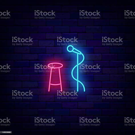 Stand Up Comedy Neon Sign Microphone And Chair On Stage Solo Singer