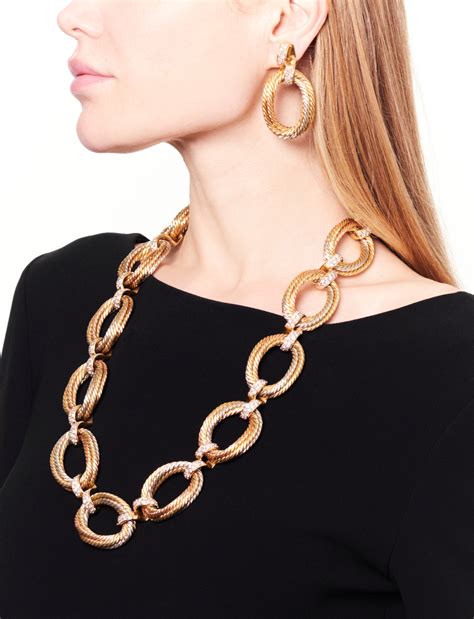 Three-Color Gold and Diamond Necklace-Bracelet Combination and Pair of