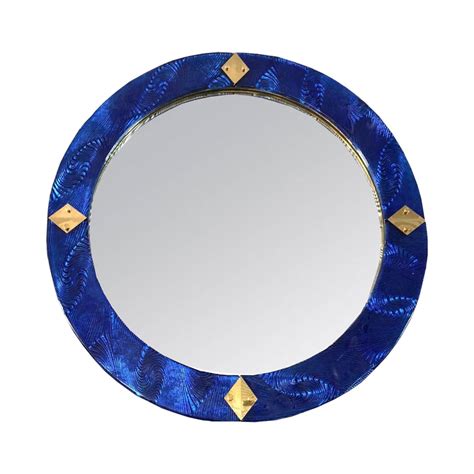 Bespoke Italian Custom Brass And Textured Cobalt Blue Murano Glass Round Mirror For Sale At 1stdibs