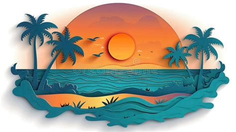 Summer Seascape With Palm Trees And Sun In Paper Cut Style Generated