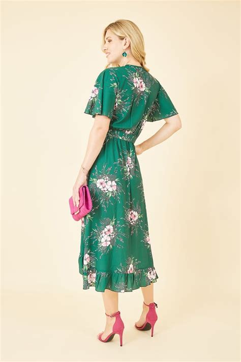 Green Floral Dip Hem Wrap Midi Dress