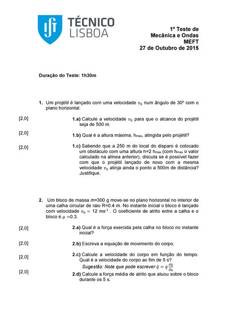 Prova 2015 questões e respostas 1º Teste de Mecânica e Ondas MEFT 27