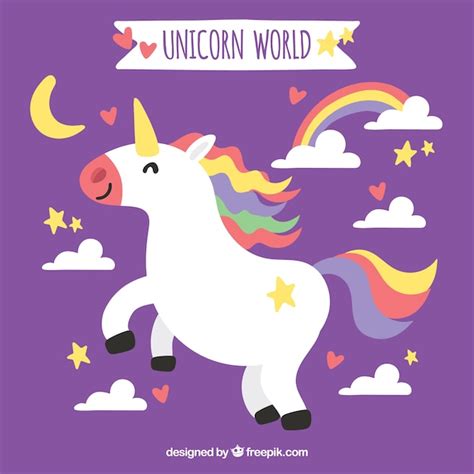 Gl Ckliche Einhorn Lila Hintergrund Mit Wolken Und Regenbogen