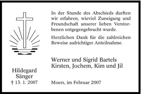 Traueranzeigen Von Hildegard S Nger Trauer In Nrw De