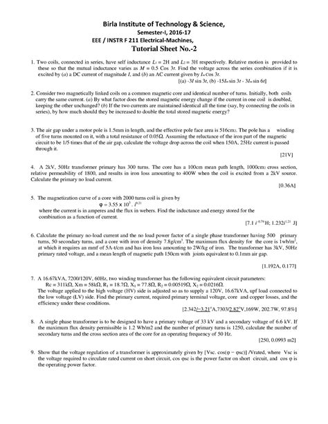 Tutorial Sheet Birla Institute Of Technology Science Semester I