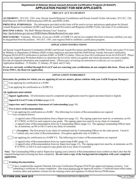 DD Form 2950 Department Of Defense Sexual Assault Advocate