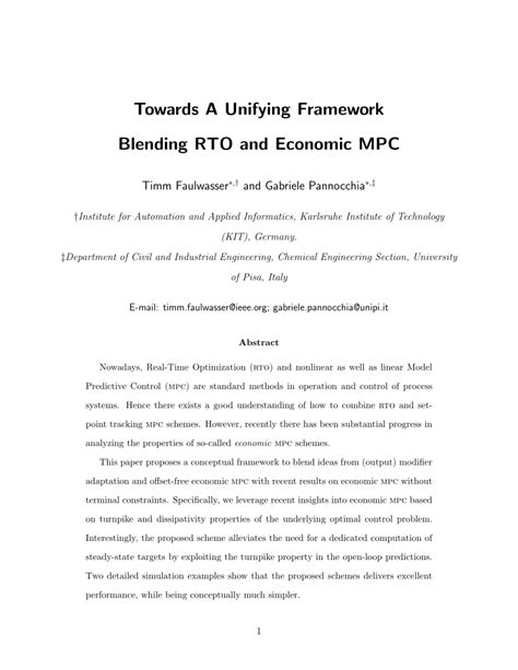 (PDF) Towards A Unifying Framework Blending RTO and Economic MPC