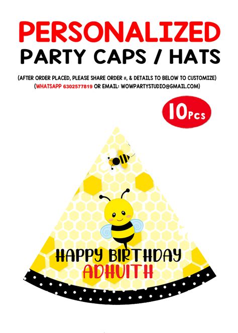 Personalized Honey Bee Birthday Party Caps Hats 10pcs