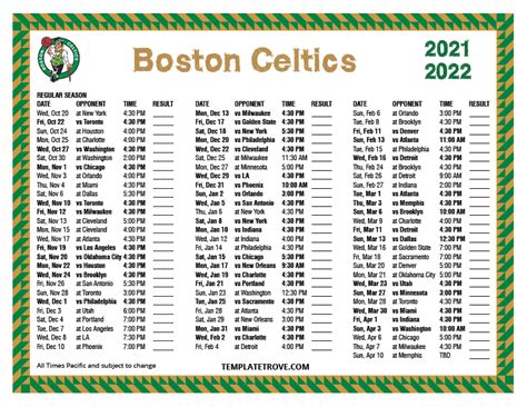 Printable 2021-2022 Boston Celtics Schedule