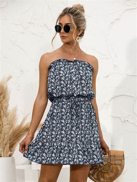 SHEIN VCAY Vestido Tubo Con Estampado Floral Con Nudo Bajo Con Fruncido