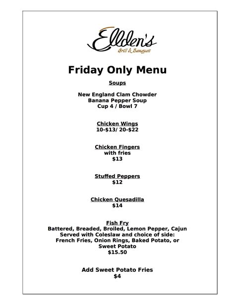 Friday Fish-Fry Menu | Elldens Grill and Banquet