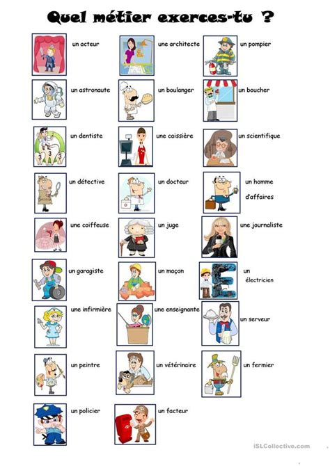 Les métiers Les metiers en francais Fle Professions