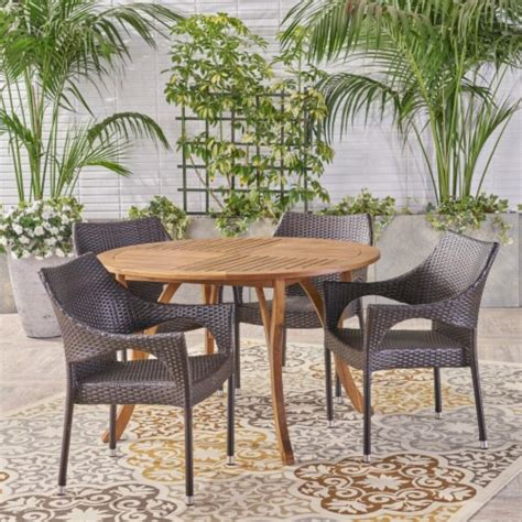 Baish Outdoor Piece Acacia Wood And Wicker Dining Set Brown Pcs