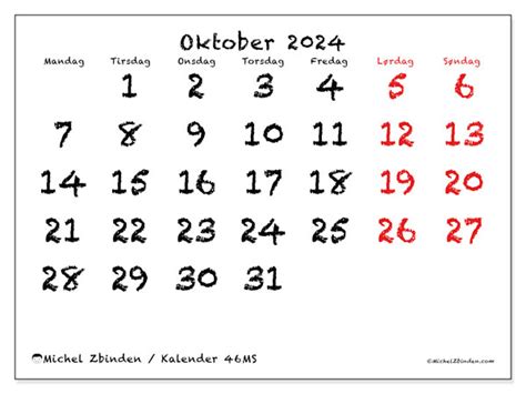 Kalender For Oktober For Utskrift Norge Michel Zbinden No