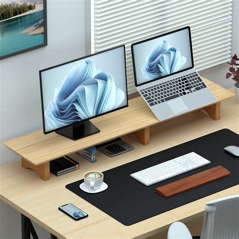 Aothia Large Dual Monitor Stand Riser Solid Wood Desk Shelf With Eco