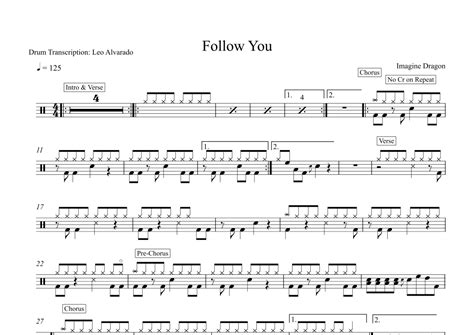 Follow You Arr Drum Transcription Leo Alvarado Sheet Music