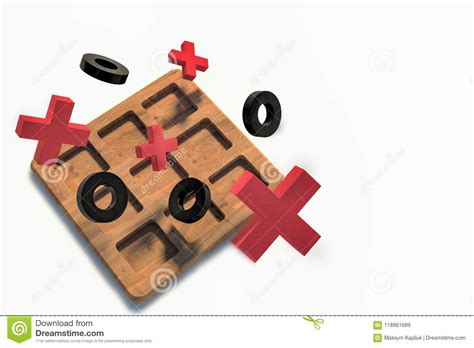 Wooden Tic Tac Toe Game On White Background Red Crosses And Black