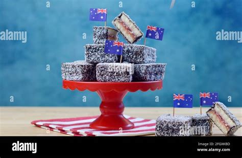 Iconic Traditional Australian Party Food Lamington Cake On A Red