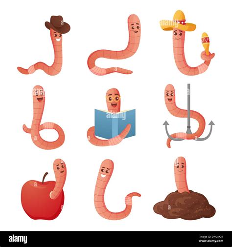 Soil Worm Cartoon Earthworm Mascot With Funny Faces Happy And Curious